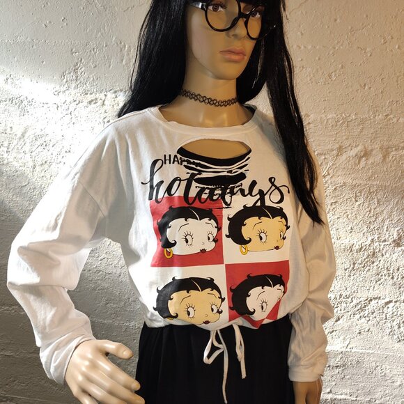 Popular Sports Betty Boop Graphic Long Sleeve Distressed Cropped T-Shirt Size L - Picture 5 of 10
